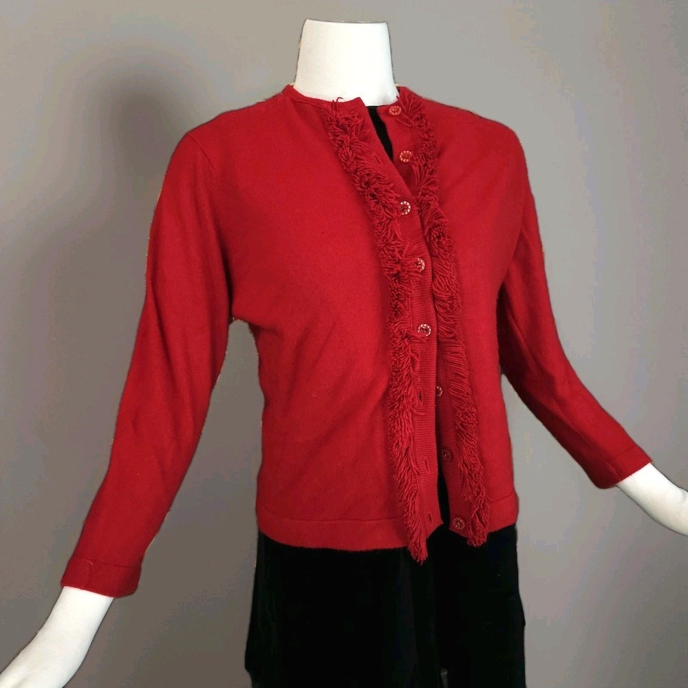 Vintage 1960s 1970s Red Cardigan Jacket Soft Talbots Sweater Fringe Long Sleeve